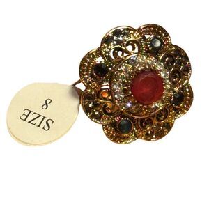 Fashion jewelry Gold tone and red round center stone Statement Ring size8